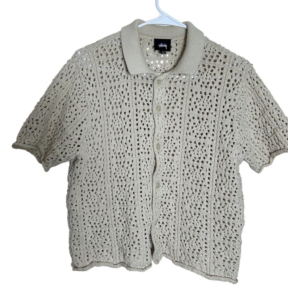 Stussy Crochet Beach Knit Shirt Mens Small Cream‎ Button Down Short Sleeve *read